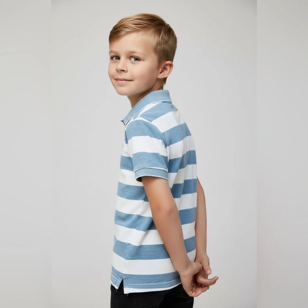 H & M L.O.G.G. polo shirt boy 6-8 years white/blue striped collar buttons cotton